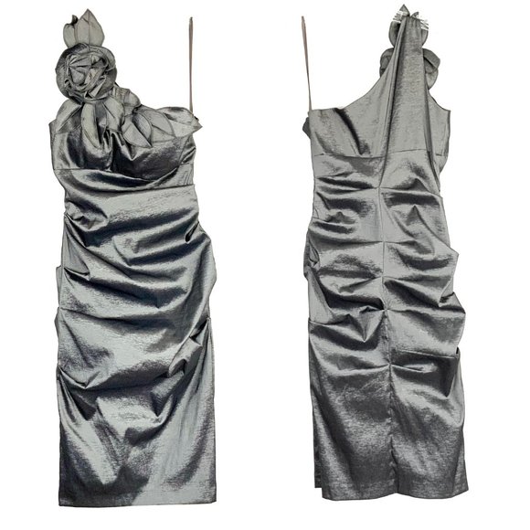 Cache Dark Silver One-shoulder Prom Homecoming Cocktail Party Dress Size 6-4 - Picture 2 of 16